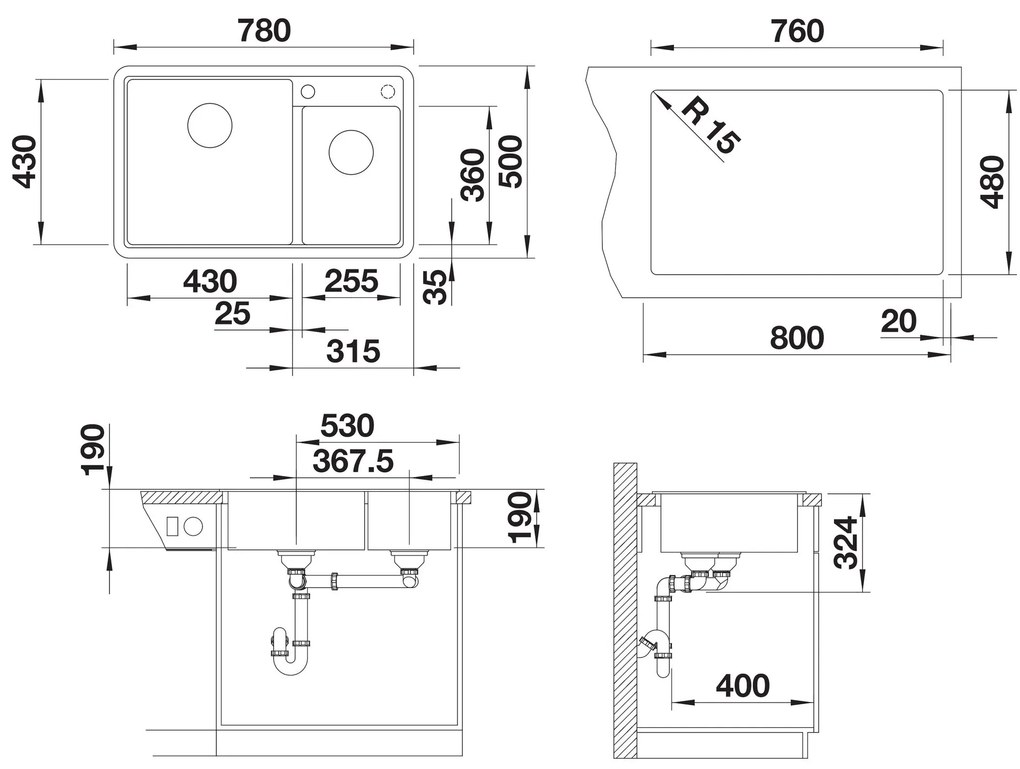 Blanco Legra 8, szilgránit mosogató 780x500x190 mm, 2 kamrás, antracit, BLA-526224