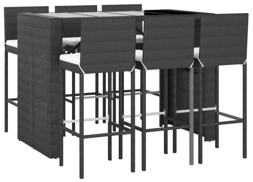 7 részes fekete polyrattan kerti bárszett párnákkal