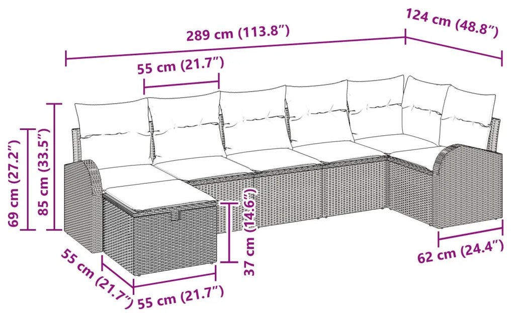 7 darabos kertiszófa szett párnákkal Barna Poli Rattan