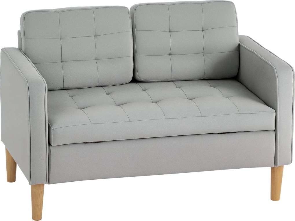 HOMCOM Kétfős Kanapé, Tárolóhellyel, Fából készült Lábakkal, Párnázott Velúr Hatású Kanapé Nappaliba és Hálószobába, 117x62x78 cm, Világosszürke | Aos
