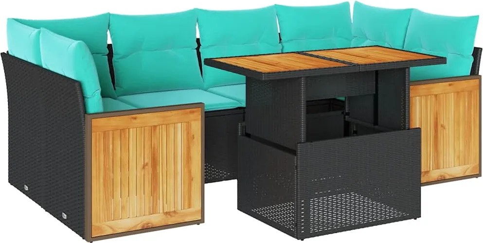 vidaXL 7 részes fekete polyrattan akácfa kerti ülőgarnitúra párnával