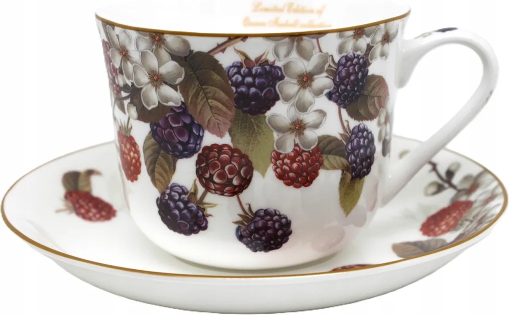 Nagy teáscsésze szimpla 370 ml csészealj erdei gyümölcs motívum Bone China