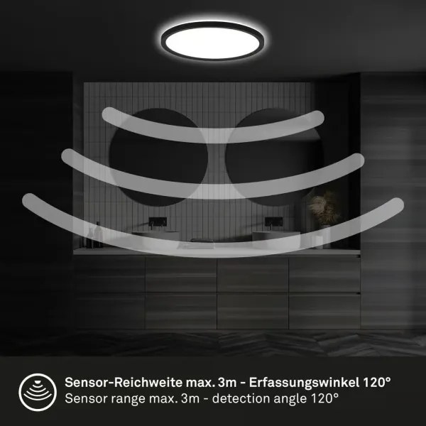 Briloner - LED fürdőszobai mennyezeti lámpa mozgásérzékelővel MOVE LED/18W/230V IP44 Ø 29 cm fekete