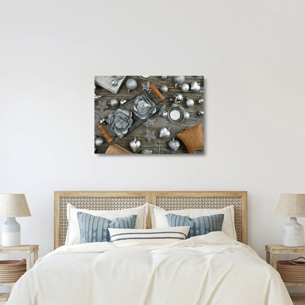 Kép - ezüst karácsonyi dekoráció (üvegen) (70x50 cm)