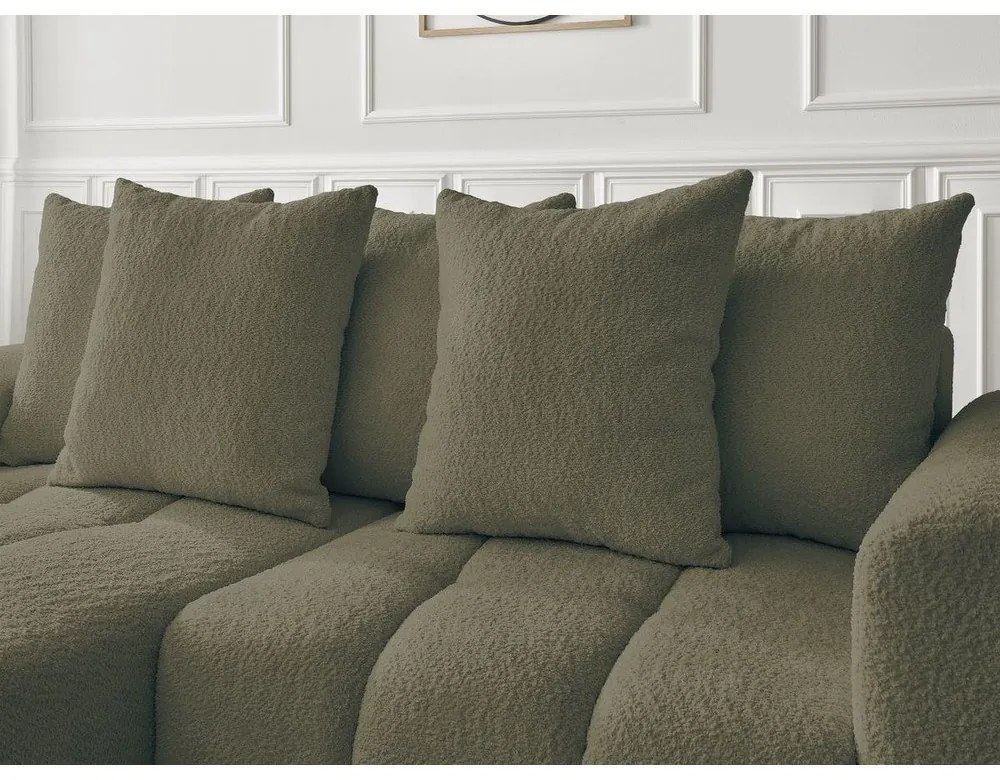 Khaki buklé kinyitható-tárolóhelyes sarokkanapé (bal oldali-heverő résszel) Roxelane – Bobochic Paris