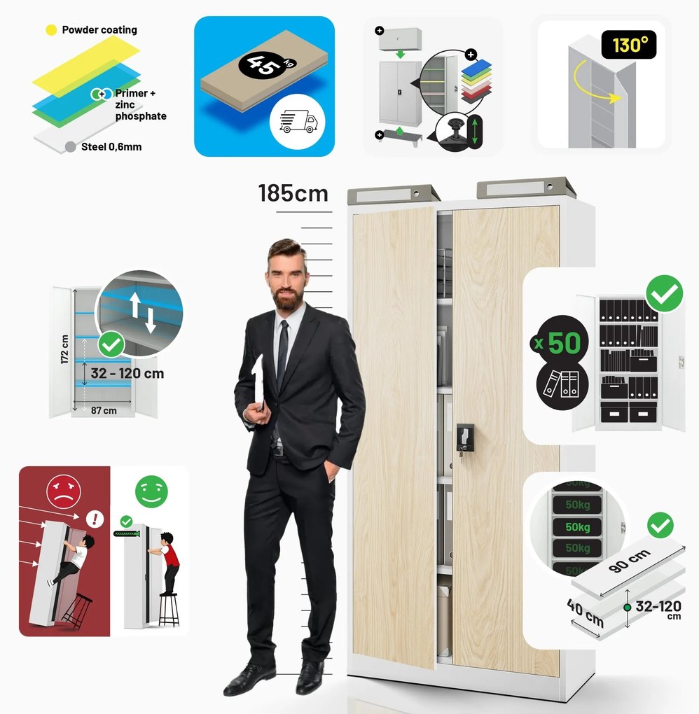 Fém iratszekrény JAN, 900 x 1850 x 400 mm, Eco Design: fehér/ sonoma tölgy