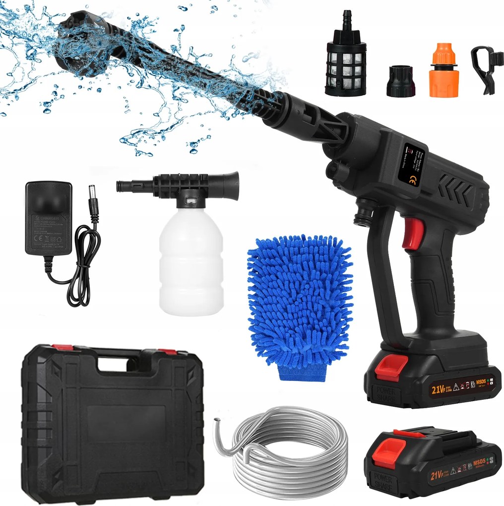 Akkumulátoros Magasnyomású Mosó 2*21V Akkumulátorral, 300W, 6 Az 1-BEN Fúvóka, 10 L/perc