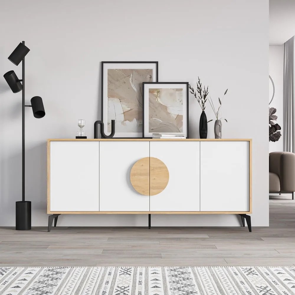 Fehér-natúr színű alacsony komód tölgyfa dekorral 180x82 cm Vae – Marckeric