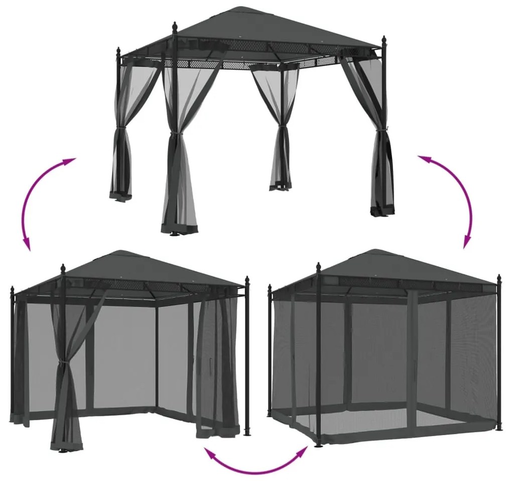 antracitszürke acél pavilon hálós oldalakkal 2,93 x 2,93 m