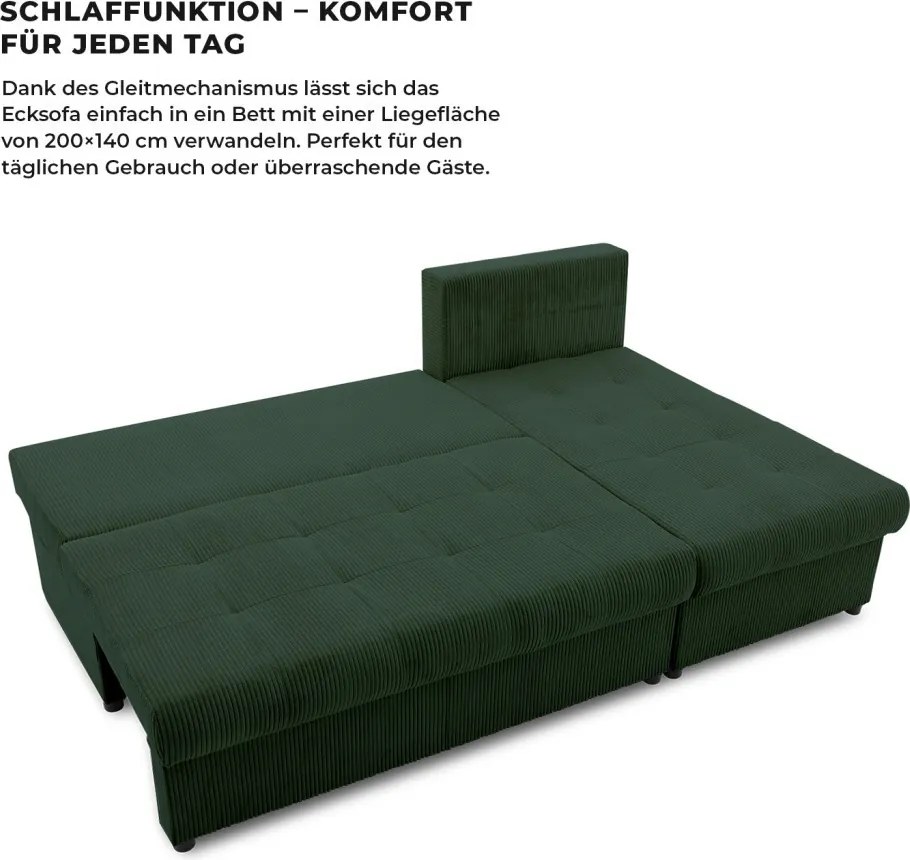 Venezia sarokkanapé, kordbársony, univerzális oldal, hab töltet, zöld