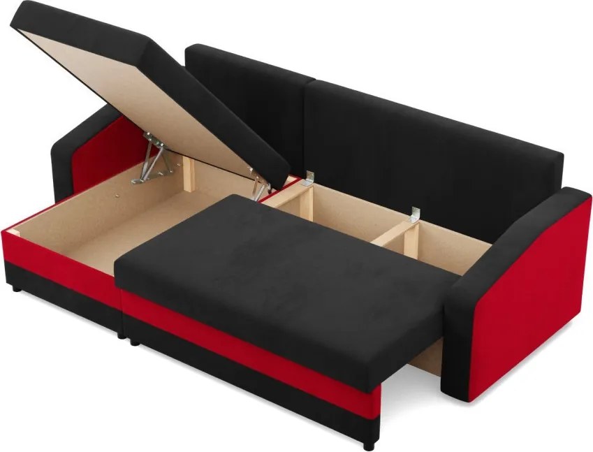 Hewlet sarokkanapé, 2 ágyneműtartóval, szövet anyag, univerzális oldal, bonell töltet, fekete - piros