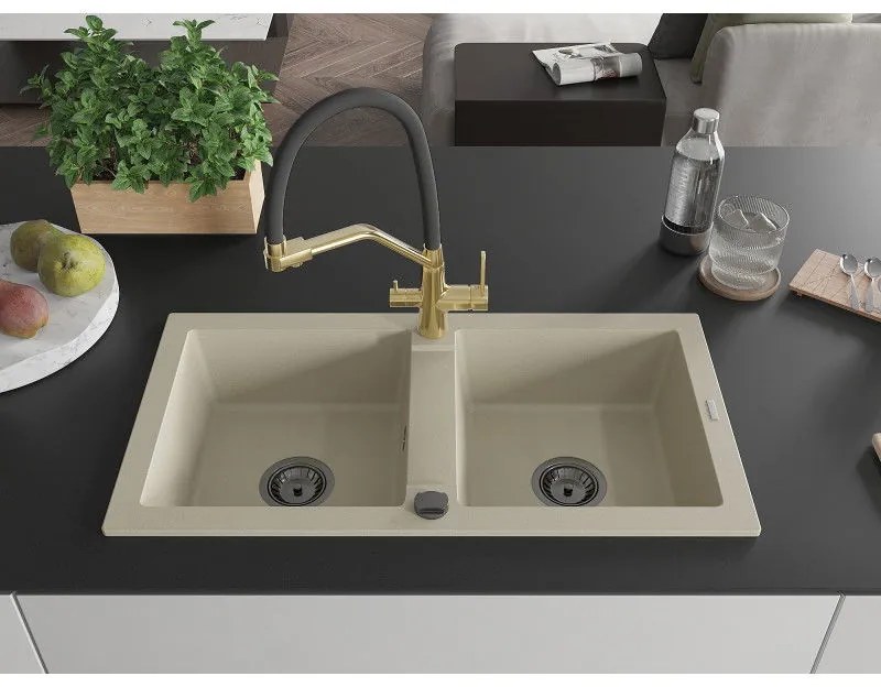 Mexen Mario, gránit mosogató 820x436x161 mm, 2 kamrás és Duo mosogató csaptelep, bézs, 6504-69-671701-57-B