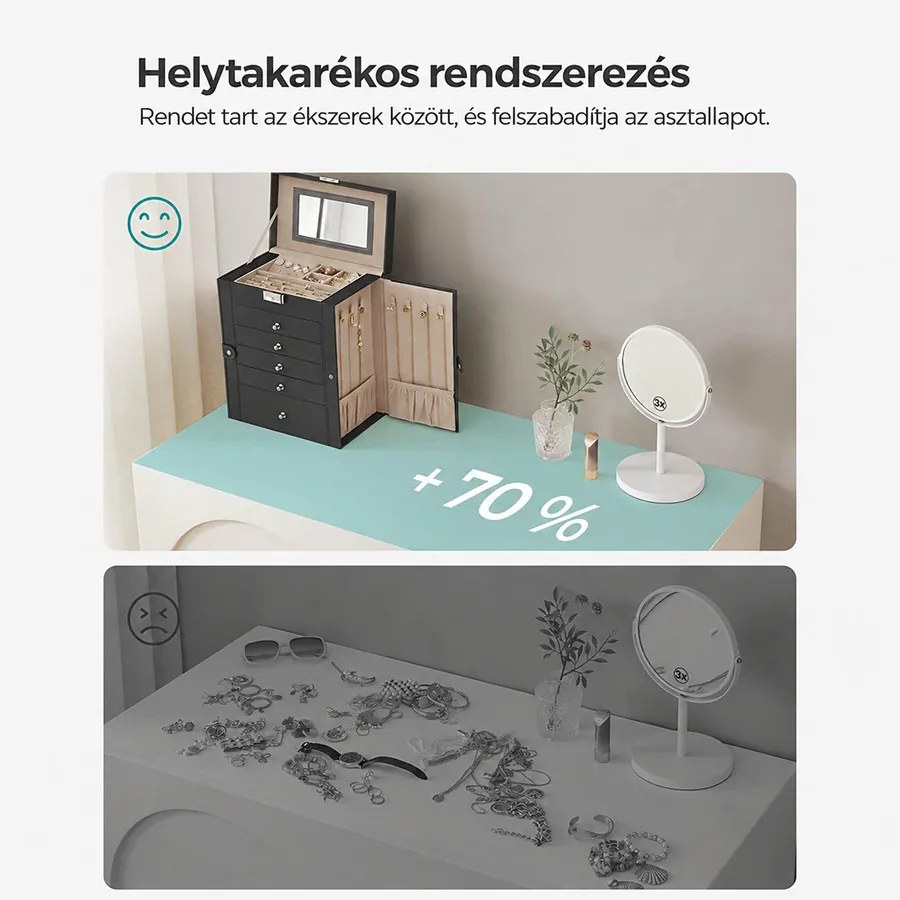 Zárható ékszerdoboz 6 szinttel, 5 fiókkal és tükörrel, fekete