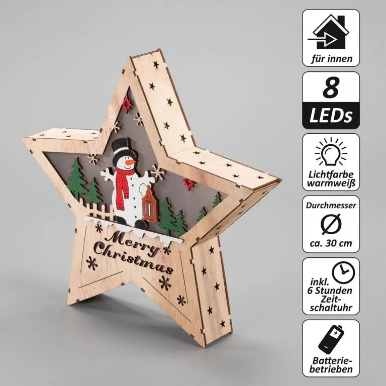 NEXOS Fa csillag hóember motívummal 8 LED meleg fehér