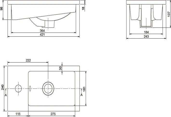 VivaStyle NIKA - fali függesztett - fürdőszobabútor CeraStyle 71100 porcelán mosdóval 42 x 24 cm