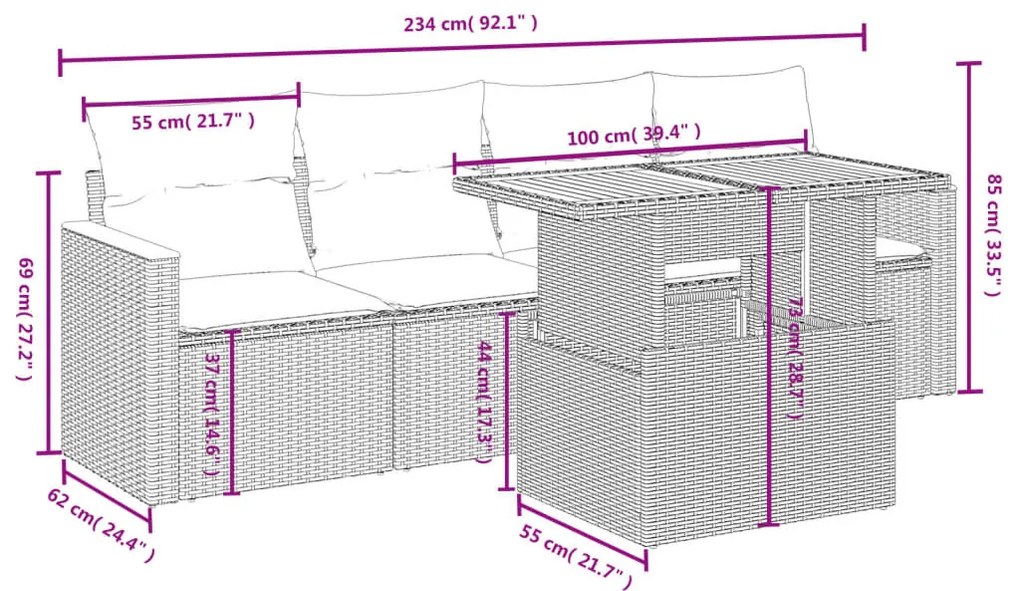 5 részes fekete polyrattan kerti kanapészett párnákkal