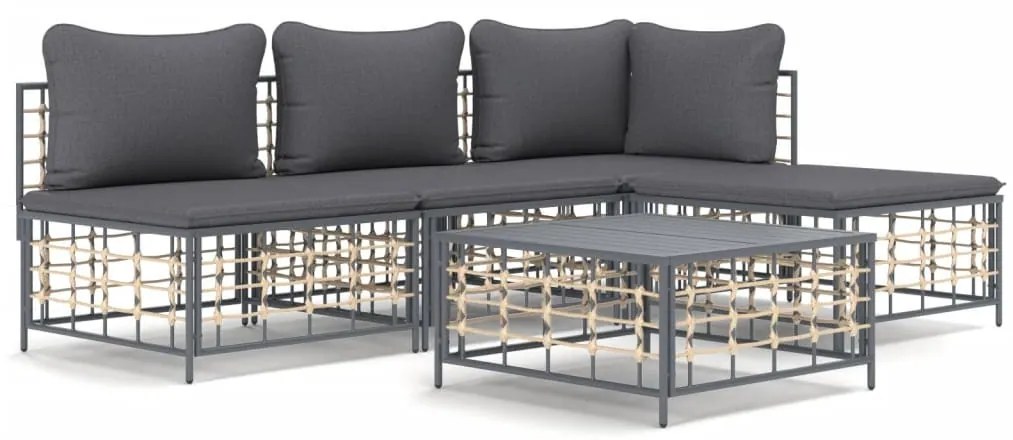 5 részes antracitszürke polyrattan kerti ülőgarnitúra párnákkal