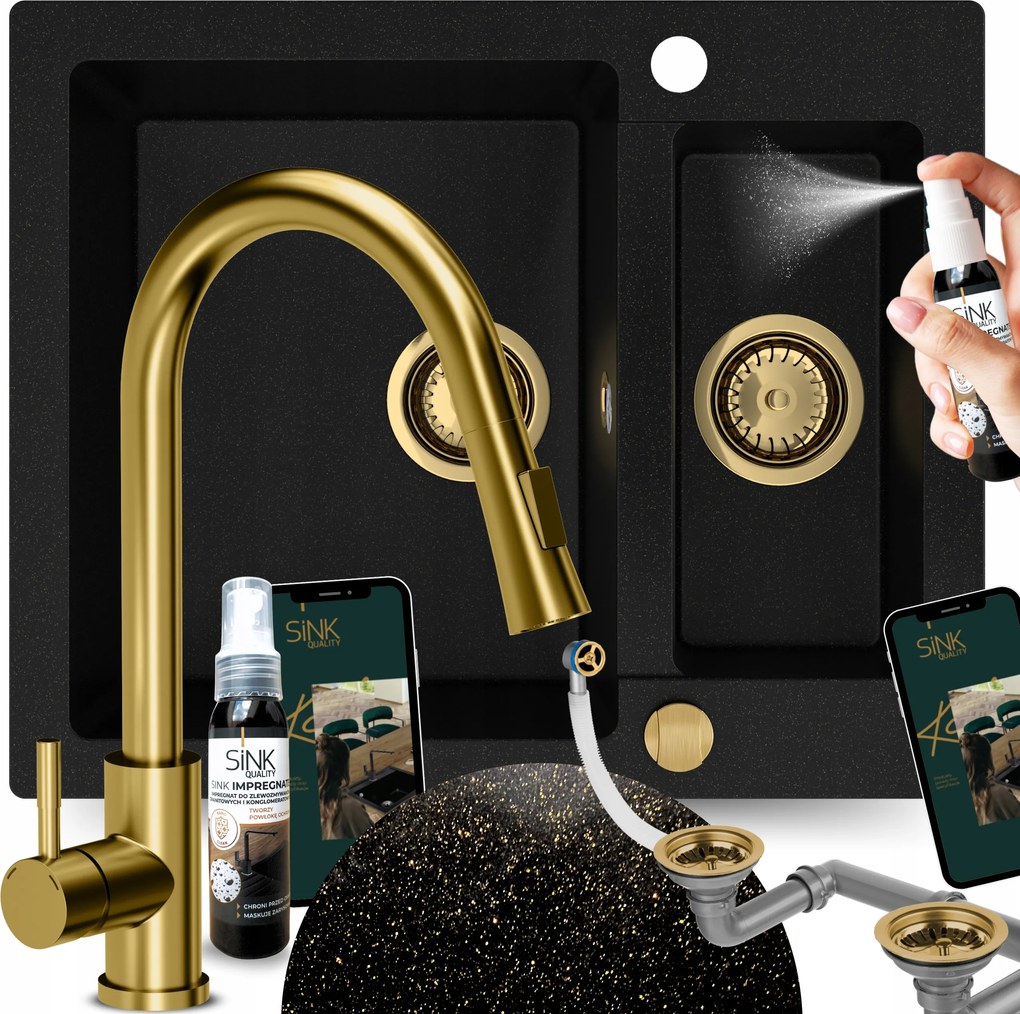 Mosogató Arany Gránit Másfélkamrás Mosogató Csaptelep Szifon Automata 8in1