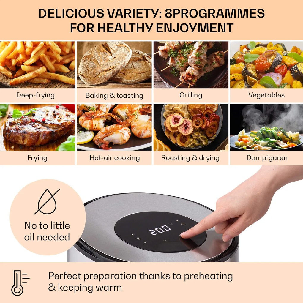 Klarstein Crisp-Pro, forrólevegős fritőz, 1500 W, 4.3 l, rozsdamentes acél