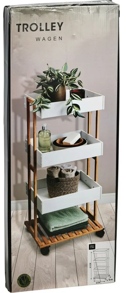Bamboo kerekes tároló polc, fehér, 40 x 87,5 x 30 cm