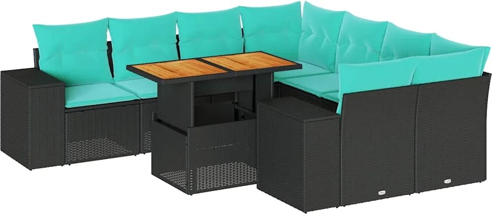 vidaXL 9 részes fekete polyrattan kerti ülőgarnitúra párnákkal