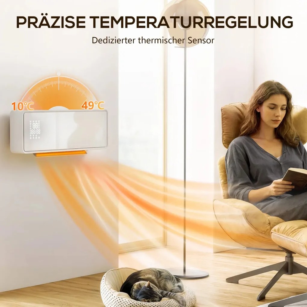 HOMCOM fali kerámia elektromos fűtőtest, ventilátor, termosztát, időzítő, üvegpanel, fehér