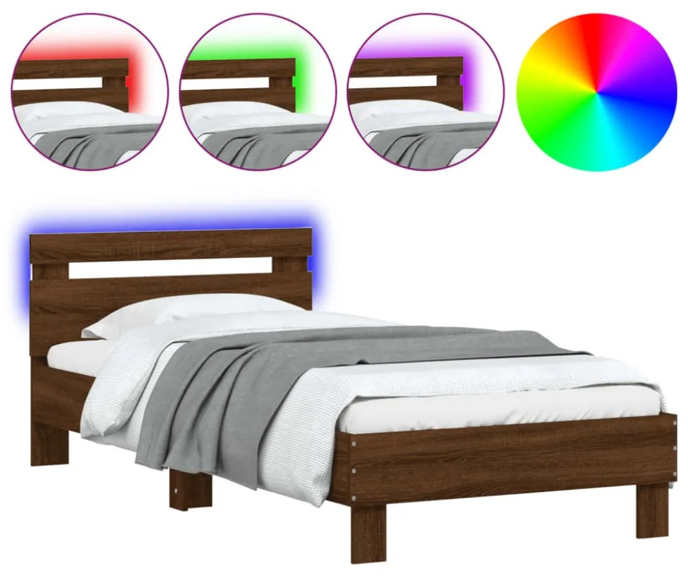 barna tölgy színű ágykeret fejtámlával és LED-ekkel 90 x 190 cm