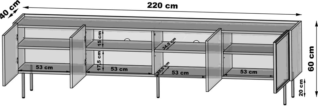 Dunari TV-szekrény 220 cm fém lábakkal - dunin tölgy