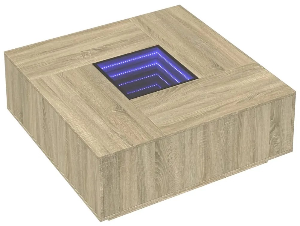 Tölgy színű végtelen hatású LED-es dohányzóasztal 100x100x40 cm