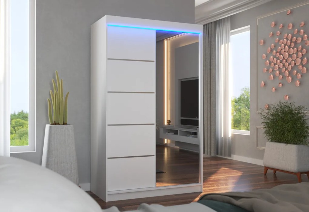 ANCORA tolóajtós ruhásszekrény tükörrel, 120x200x58, fekete + LED
