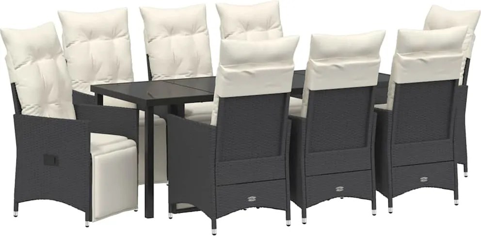 vidaXL Kert étkező szett párnával 9 pcs Fekete polirattan