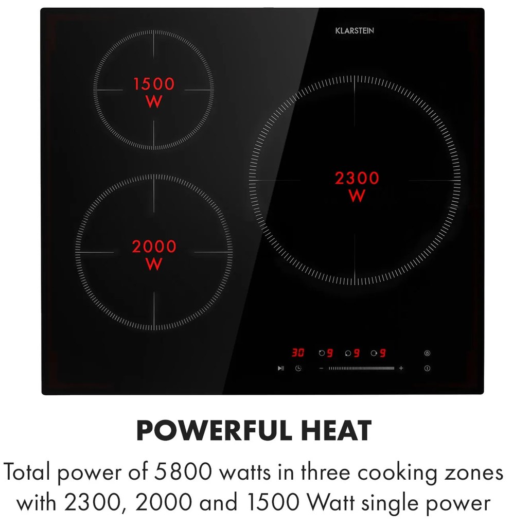 Klarstein Delicatessa 3, indukciós főzőlap, 5800 W, 3 zóna, üvegkerámia, fekete