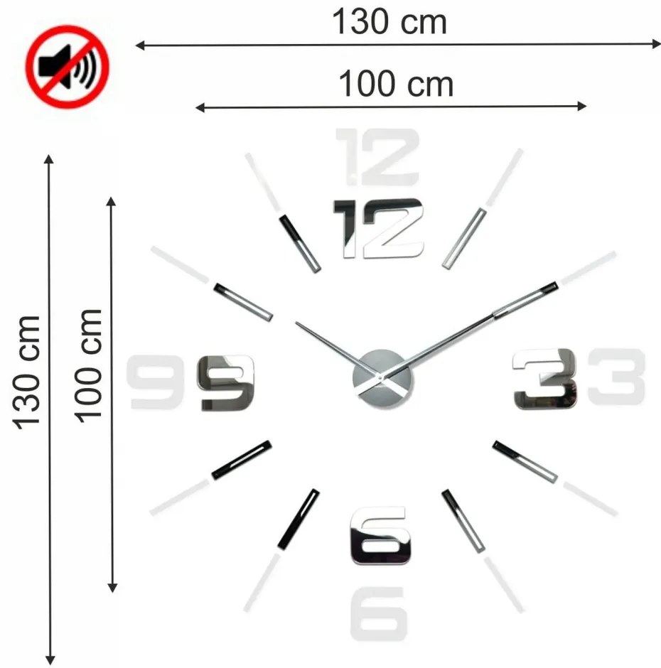 Nagyméretű tükrös felragasztható falióra, 130 cm