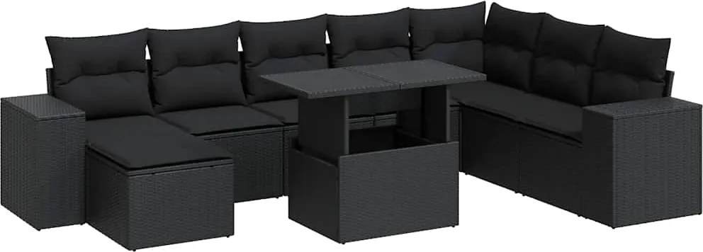 vidaXL 9 részes fekete polyrattan kerti ülőgarnitúra párnákkal