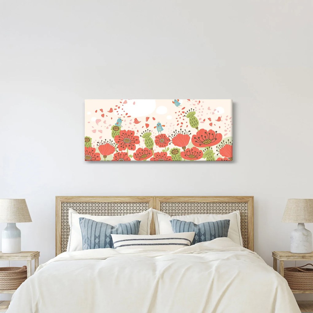 Kép - Madarak egy virágzó réten (120x50 cm)