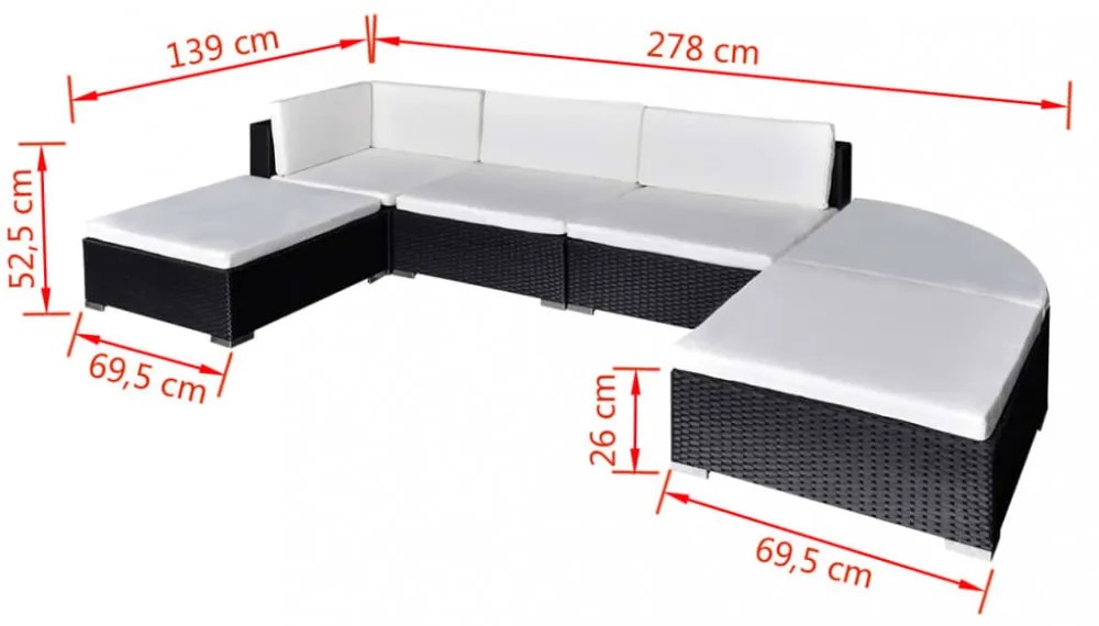 vidaXL 6-részes fekete polyrattan kerti bútorszett párnákkal