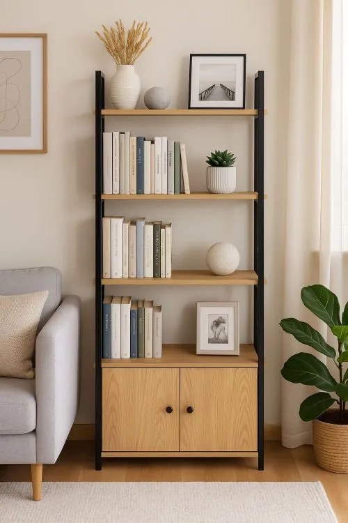 KÉSZLETKISÖPRÉS! Intenso Home 5 szintes könyvespolc ajtóval 59 x 144cm (Aranytölgy) | Univerzális tároló állvány fém lábakkal