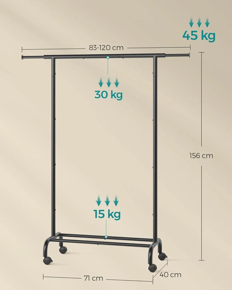 Ruhatartó állvány, gurulós ruhatároló kerekekkel, mérete: 40 x (83-120) x 156 cm, tintafekete