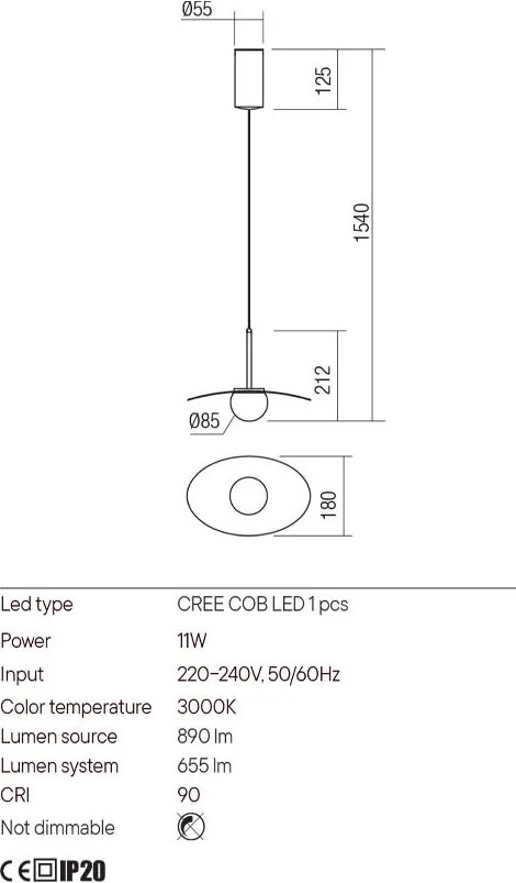 REDO 01-3308 CODY Egyágú Függesztett Lámpa Fém LED IP20
