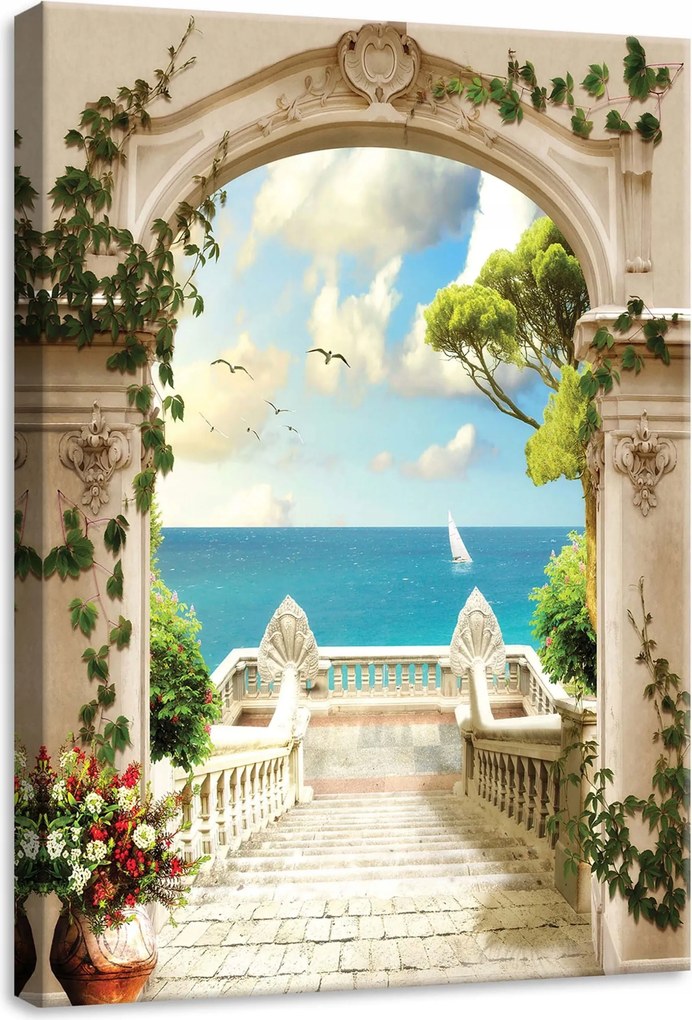 Vászonkép 50x70 Tenger ív lépcső fehér vitorlás kék ég felhők nyugalom