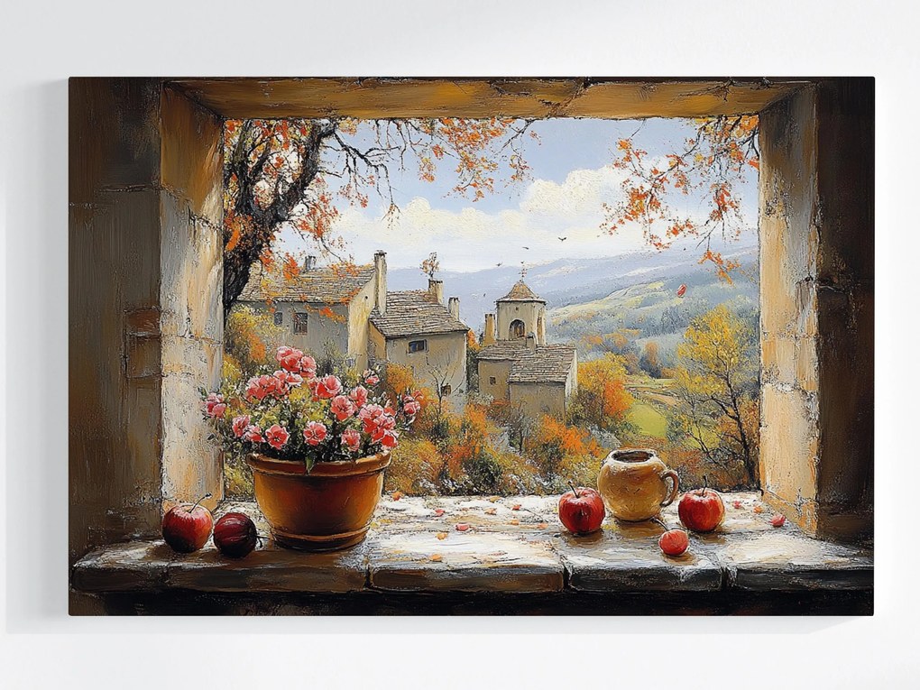 Vászonkép Canvas Ablak Terasz Kilátás Nyár Tájkép Hegyek Város 60x40