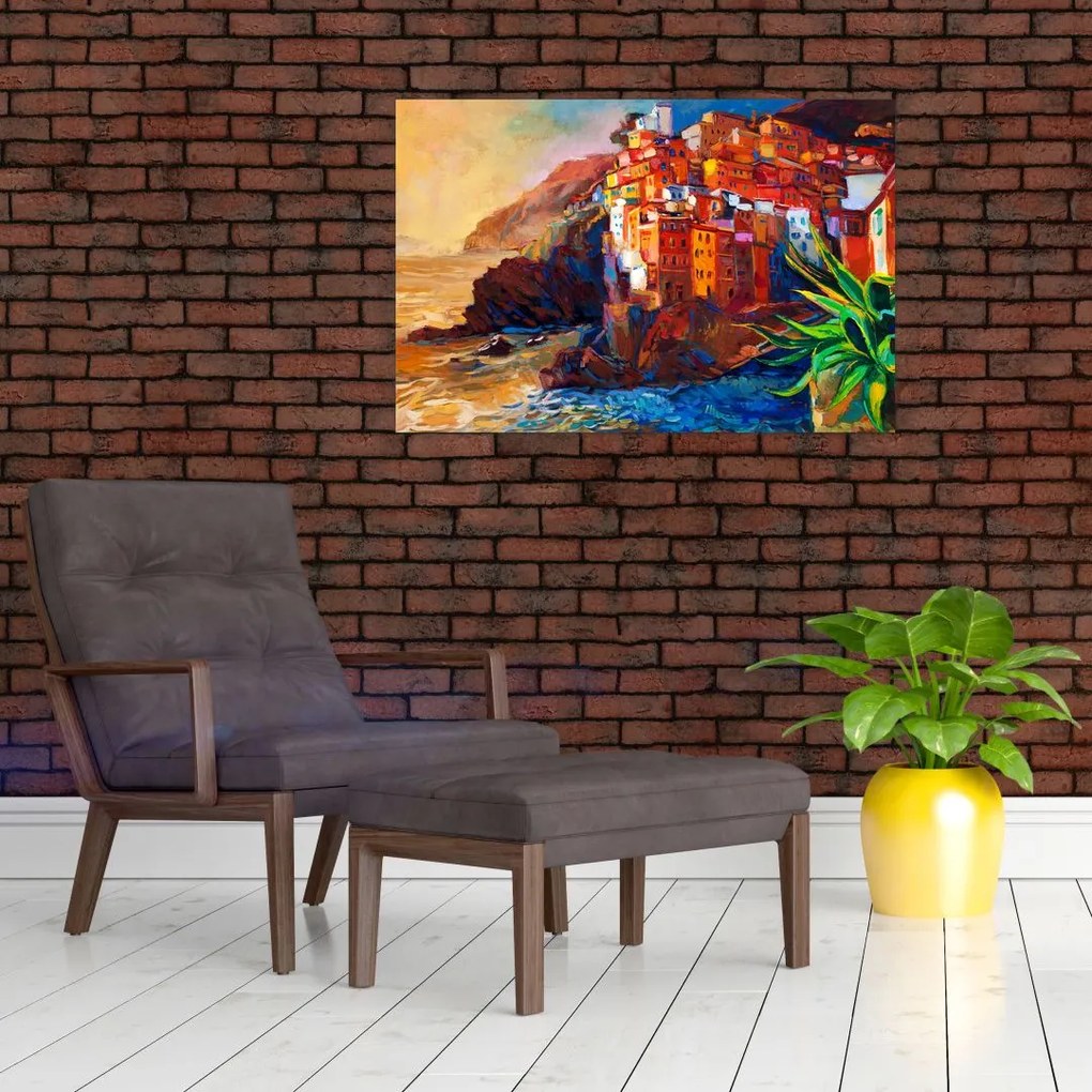 Kép - Falu Cinque Terre partján, az olasz riviérán, modern impresszionizmus (90x60 cm)