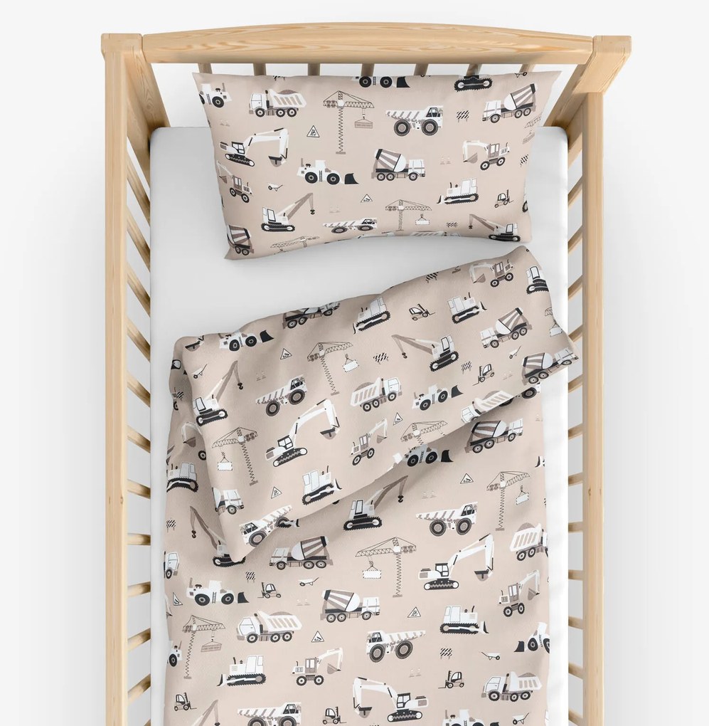 Goldea gyerek pamut ágyneműhuzat kiságyba - teherautók és markolók bézs alapon 110 x 125 és 35 x 55 cm