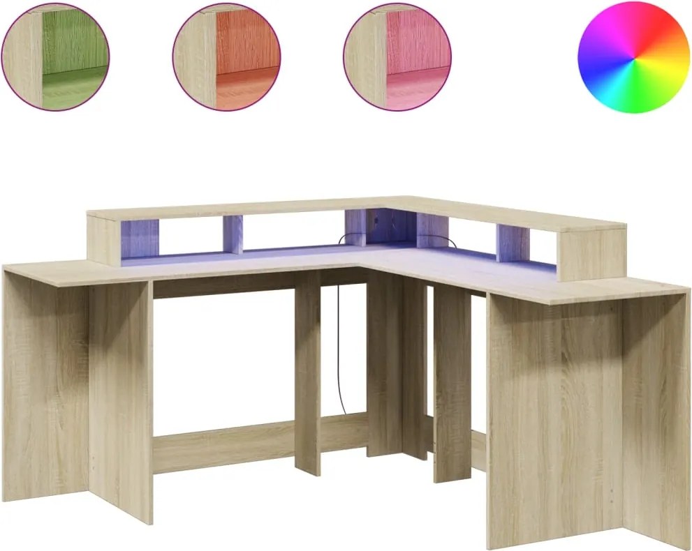 vidaXL sonoma tölgy színű szerelt fa íróasztal LED-ekkel 152x152x91 cm