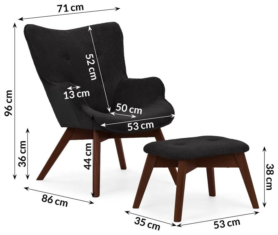 Fekete kordbársony fotel lábtartóval Niko – Ropez