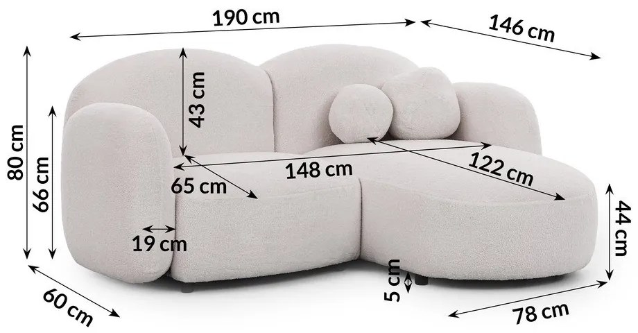 Krémszínű buklé sarokkanapé (jobb oldali-heverő résszel) Orbit – Ropez