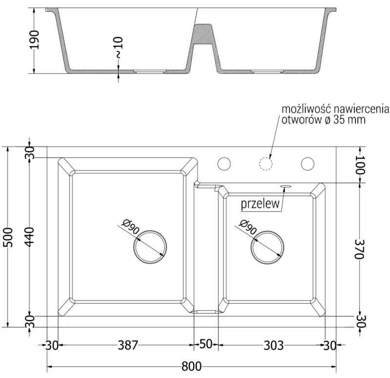 Mexen Tomas, gránit mosogató 800x500x190 mm, 2 kamrás és arany csaptelep Rita, fekete, 6516-77-670300-50