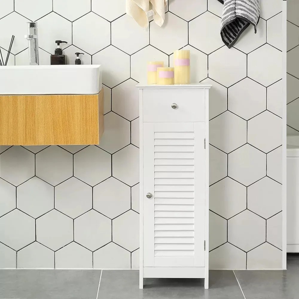 Fürdőszoba szekrény, ajtós, fiókos szekrény, fehér.