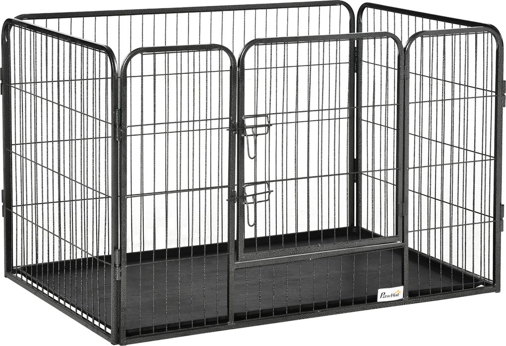 PawHut Téglalap alakú Kiskedvenc Játékkerítés 4 Paneleből Készült Acél 109x74x71 cm-es Dupla Zárral Ellátott Ajtóval és Kivehető Tálcával Kültéri és B