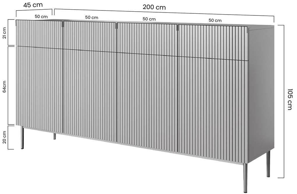 Nicole fiókos bordázott frontos komód 200 cm - kasmír / arany lábak